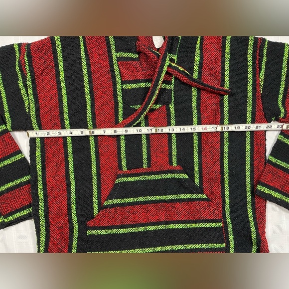Vintage Mexican Baja Hoodie Pullover Striped Woven Sweater – Red Black Green - Picture 5 of 12